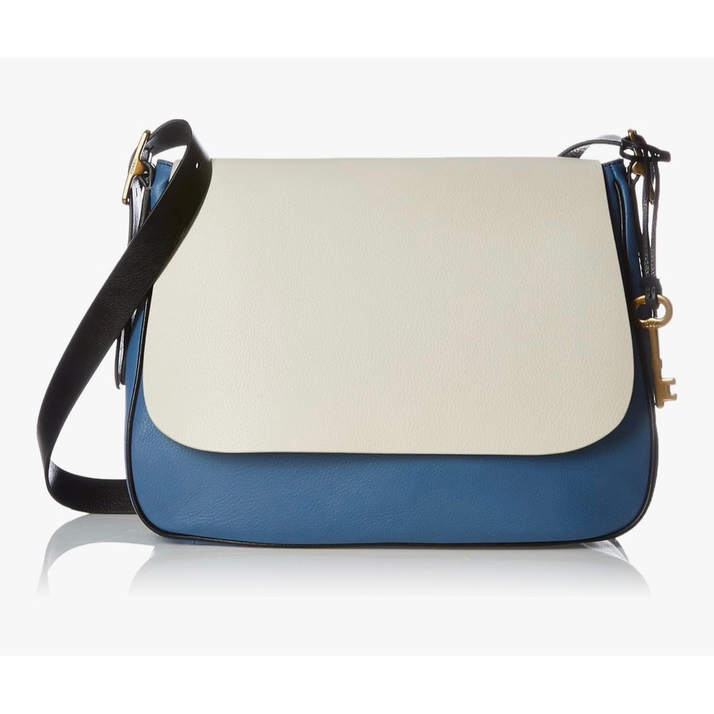 FOSSIL‎ Leather Crossbody Saddle Bag Key Purse  Handbag Blue Cream Colorblock